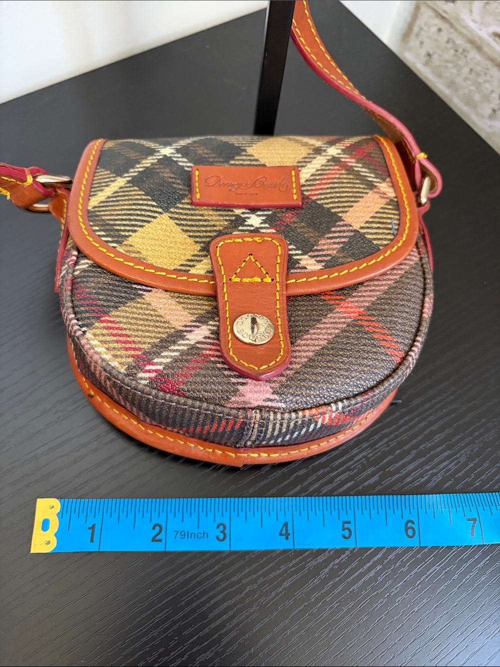 Dooney & Bourke Plaid Crossbody Saddle Bag - Brown/Red Trim